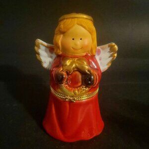 Porcelain Limoge Hinged Trinket Box Christmas Angel Figurine Holding A Wreath